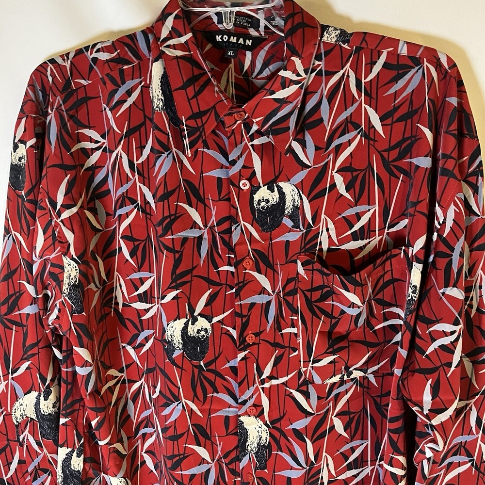 Vtg Koman Sport Hawaiian Shirt Men's XL‎  Bold Fun Long Sleeve Panda Bamboo
